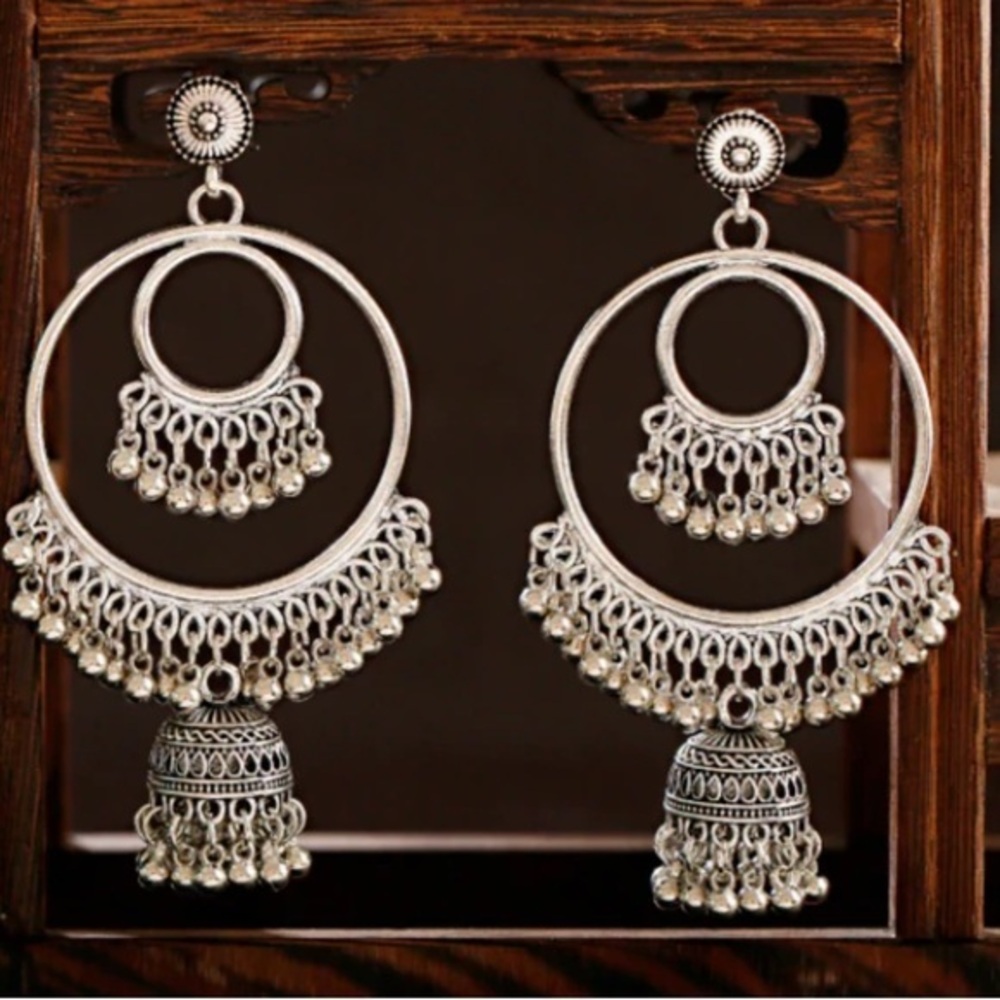 🇮🇳Jhumka Jhumki Bell Tassel Hoop Silver Earrings Indian